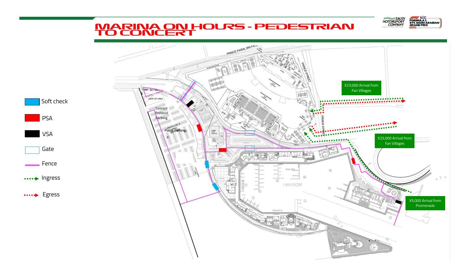 Pedestrian routes to the concert · fan village and promenade arrivals